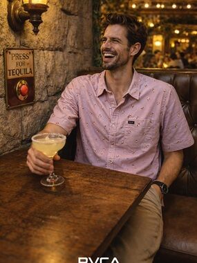 RVCA Men’s Light Pink Short-Sleeve Button-Down Shirt with Subtle Print